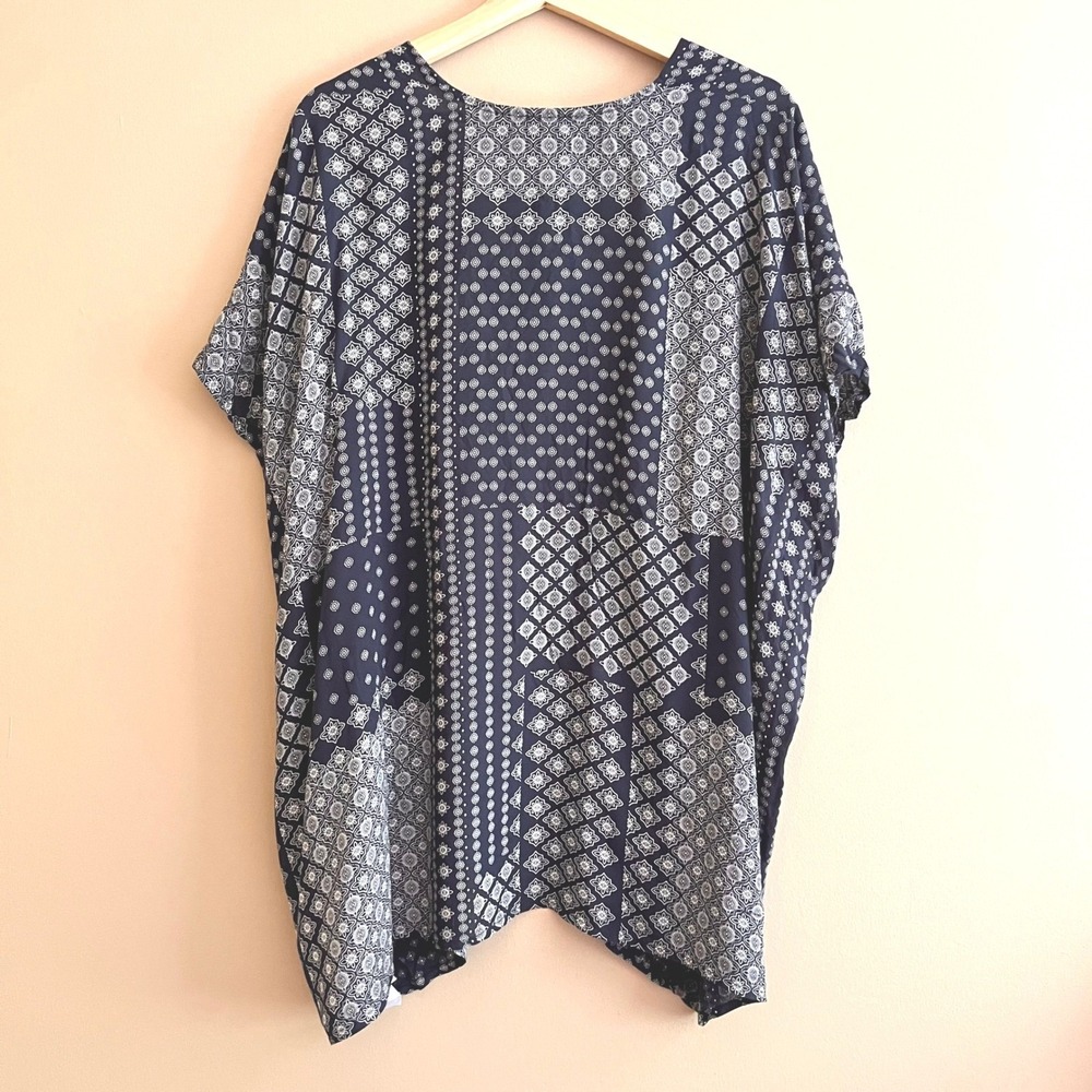 LOFT Navy Blue White Bandana Patchwork Tile Print Kimono Cardigan Open Front M/L - Picture 3 of 9